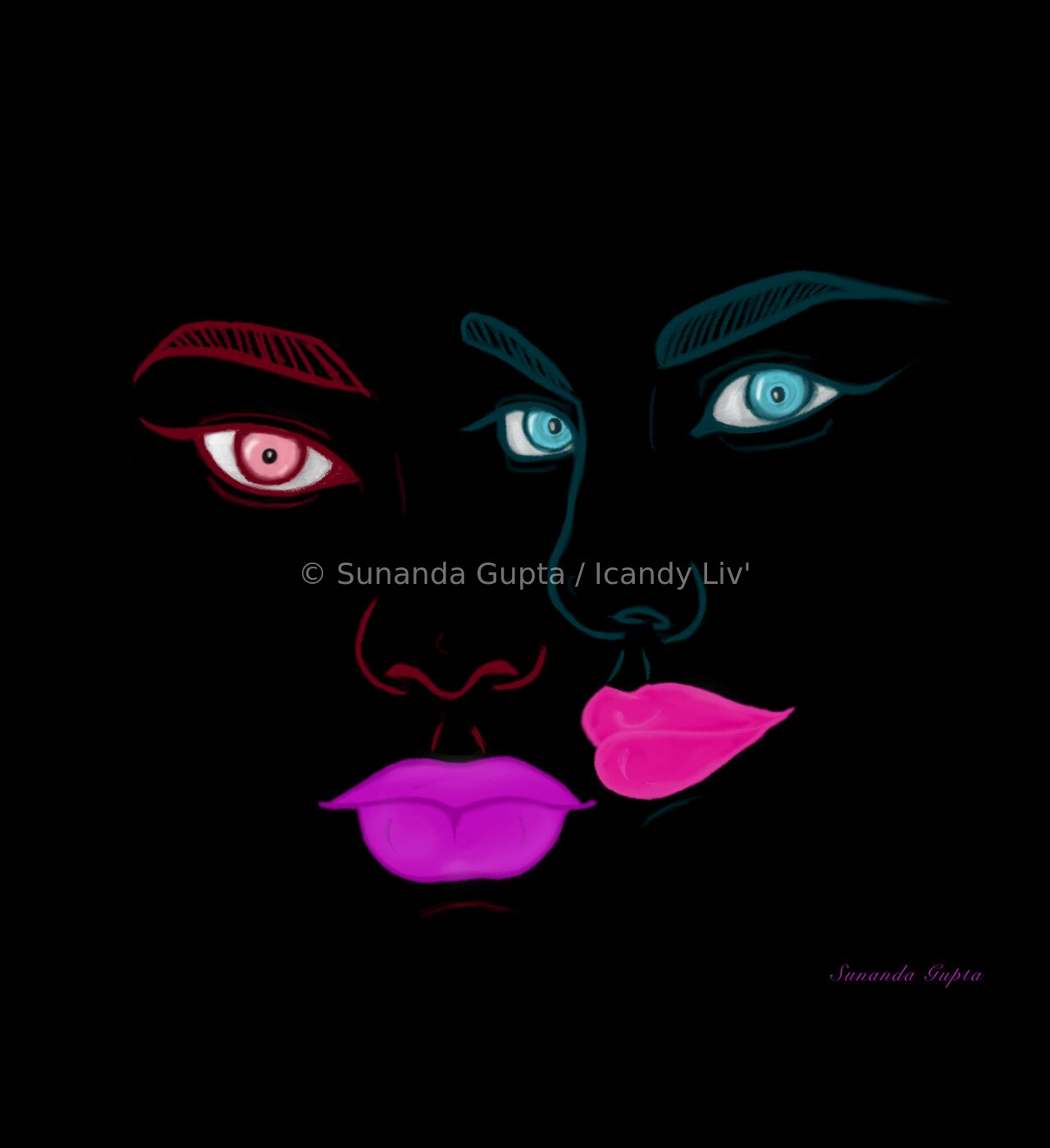 Abstract face illustration with colourful features on black background
