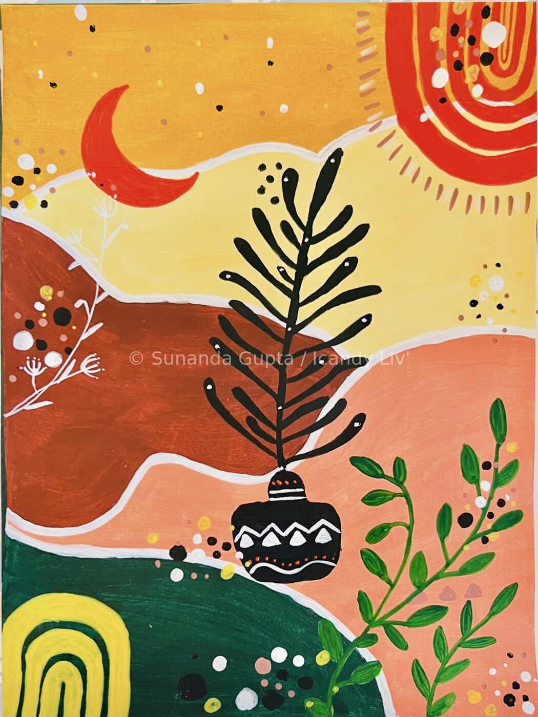 Desert landscape painting with moon, sun and black plant