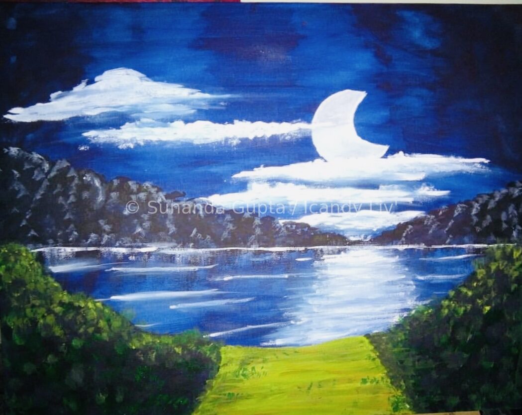 Night landscape painting with moon over a lake