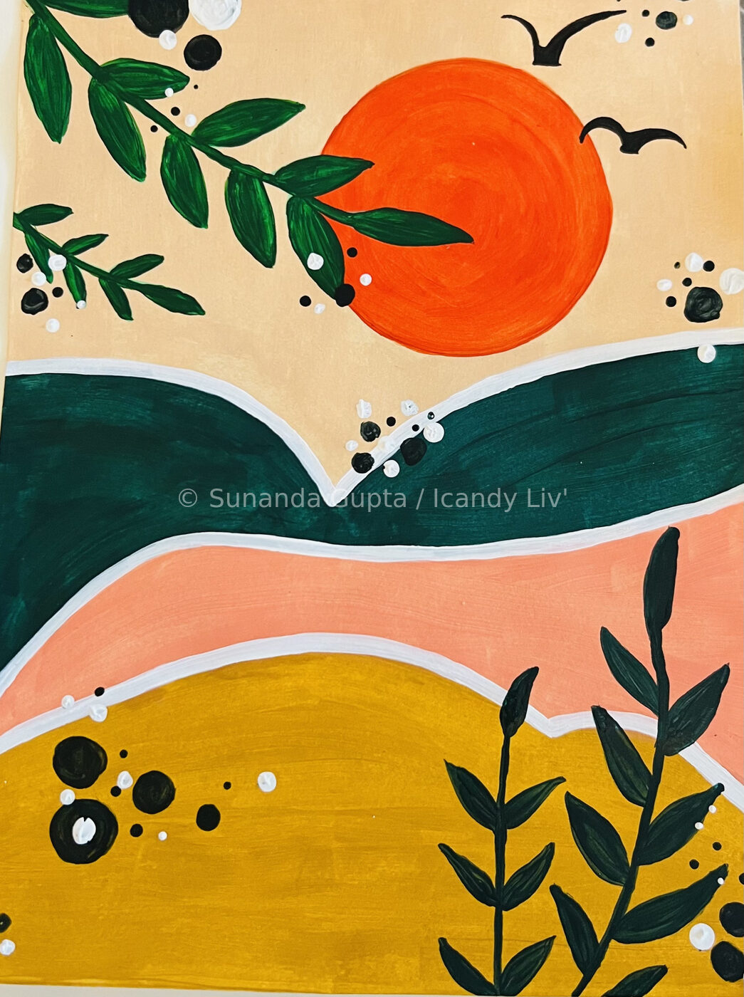 Acrylic painting of sunset landscape with birds and leaves