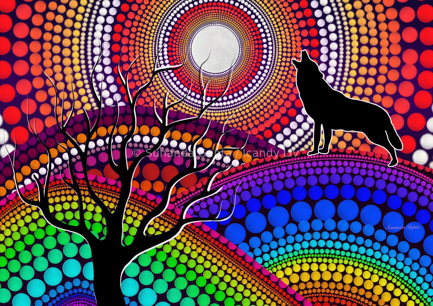 Wolf howling at moon dot art