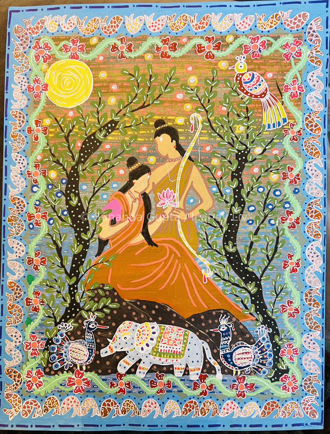 Madhubani painting of Ram and Sita reunited after the rescue
