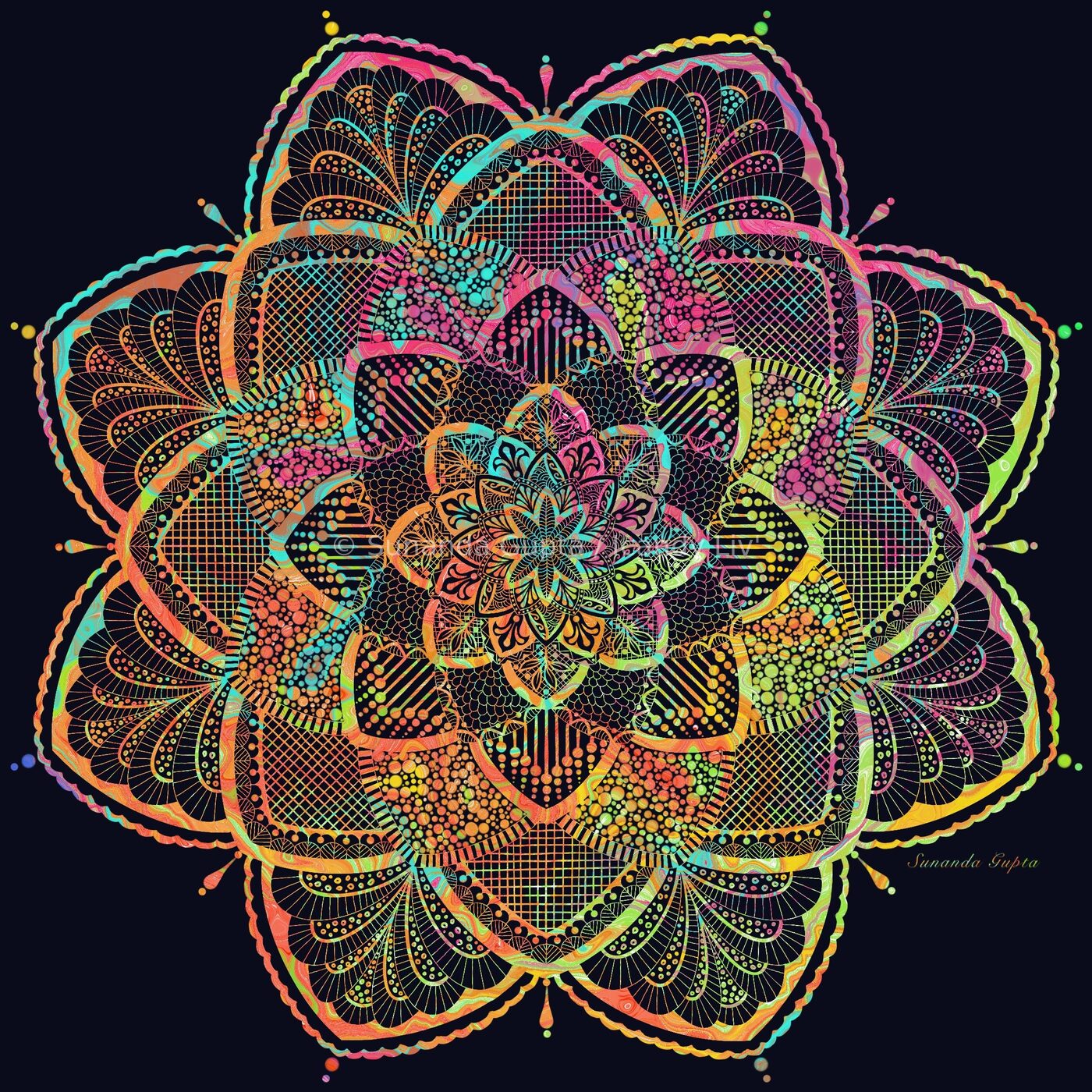 Colourful intricate mandala with mixed patterns on navy background