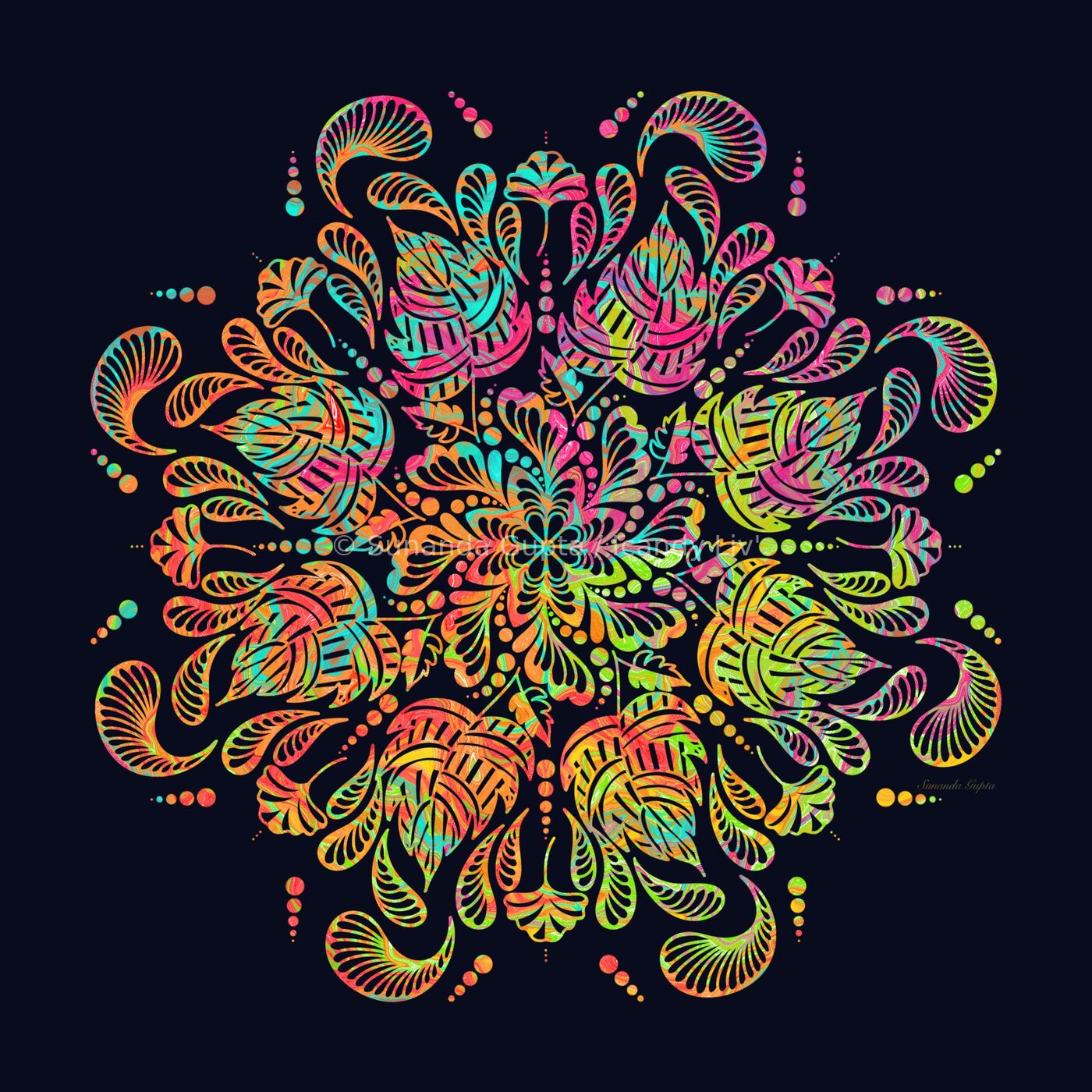 Colourful neon mandala on navy background