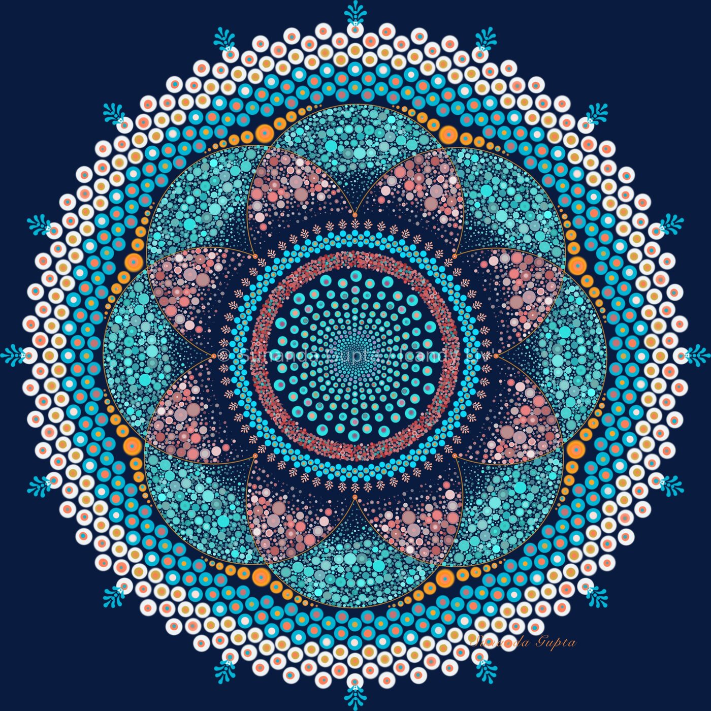 Pink yellow and teal floral mandala with heart motifs
