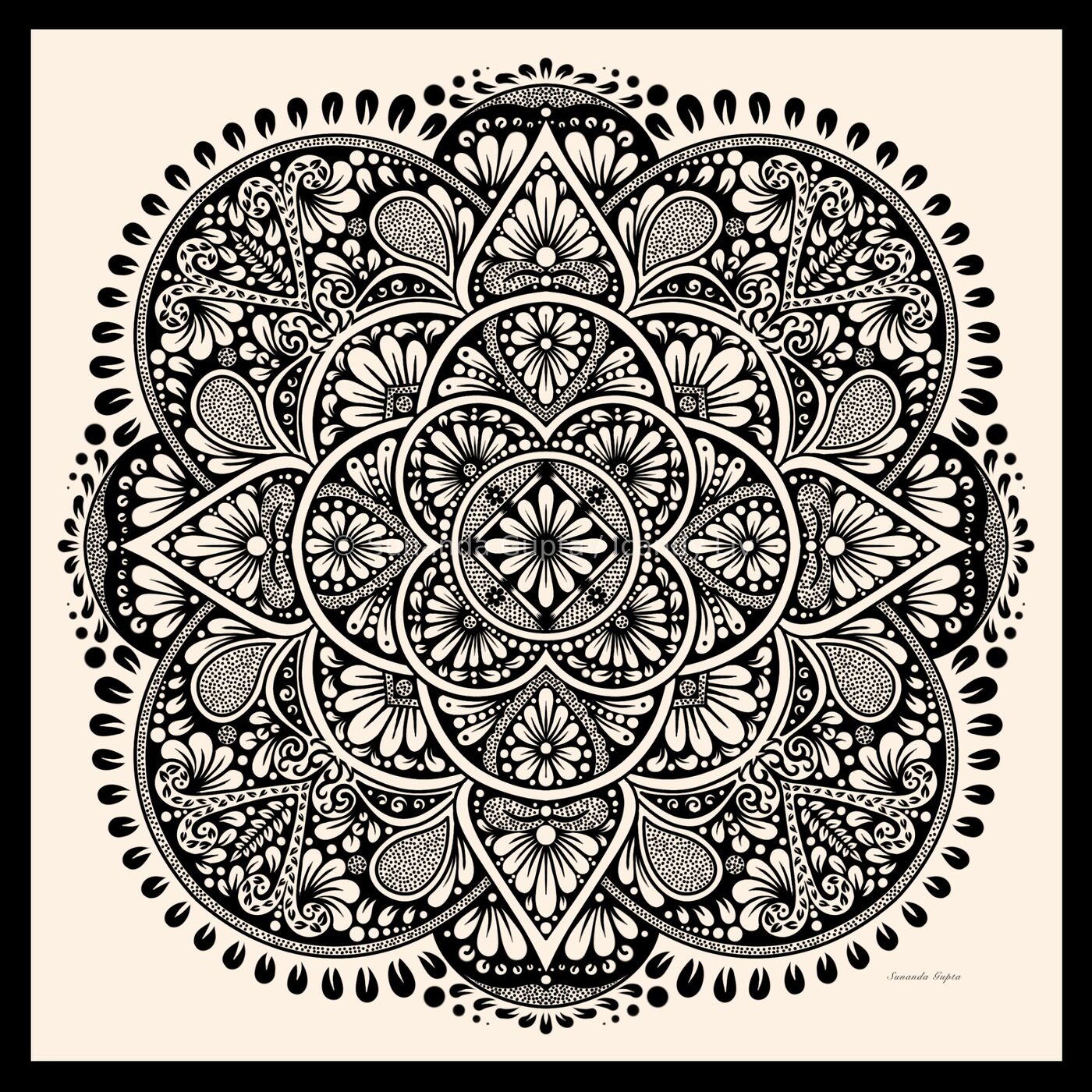 Colourful mandala with peacock feather and heart motifs
