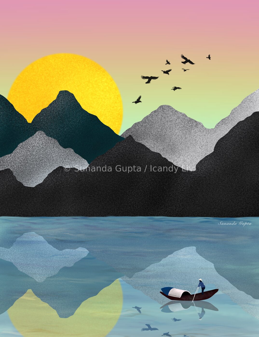 Mountain landscape illustration with sun and birds at dusk