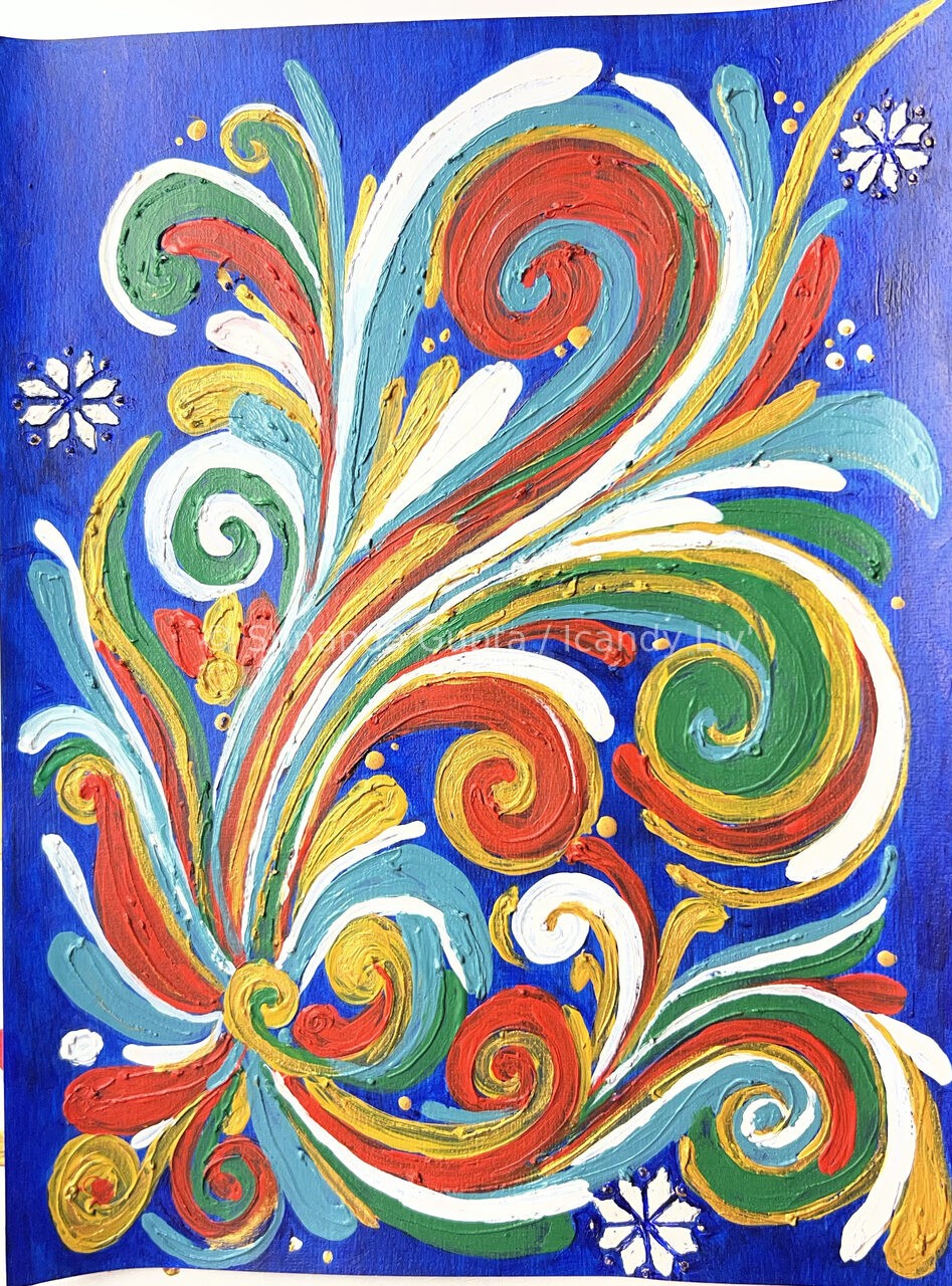 Blue canvas with colourful swirling acrylic brushstrokes