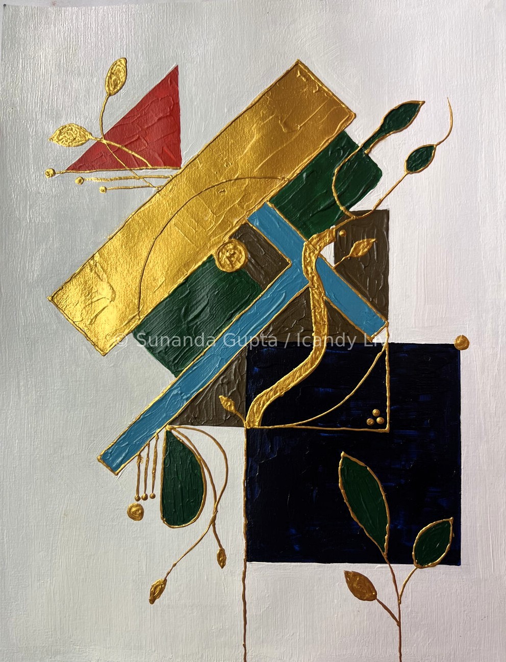Abstract textured painting with gold geometric shapes