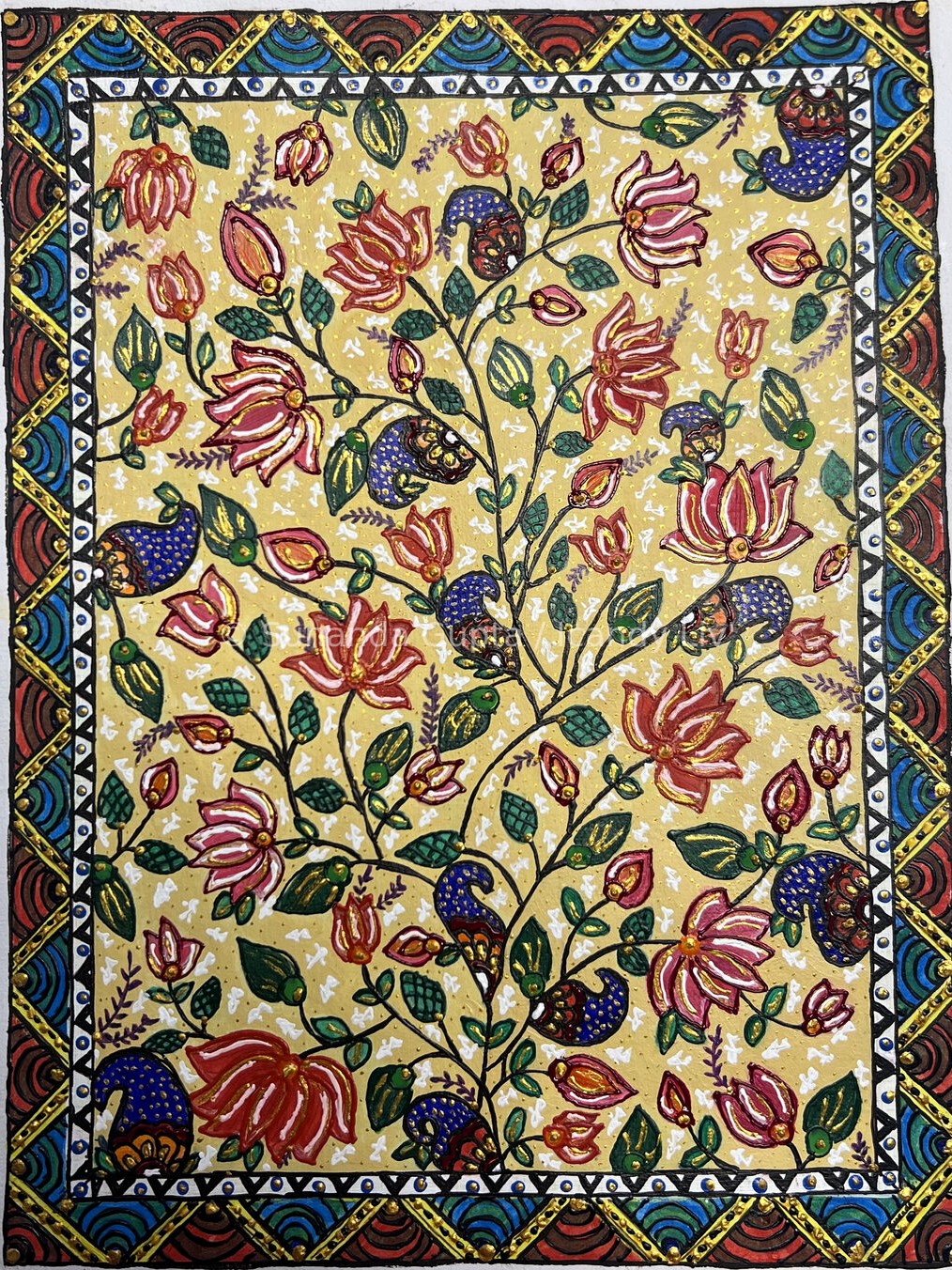 Floral Madhubani painting with lotus and botanical motifs