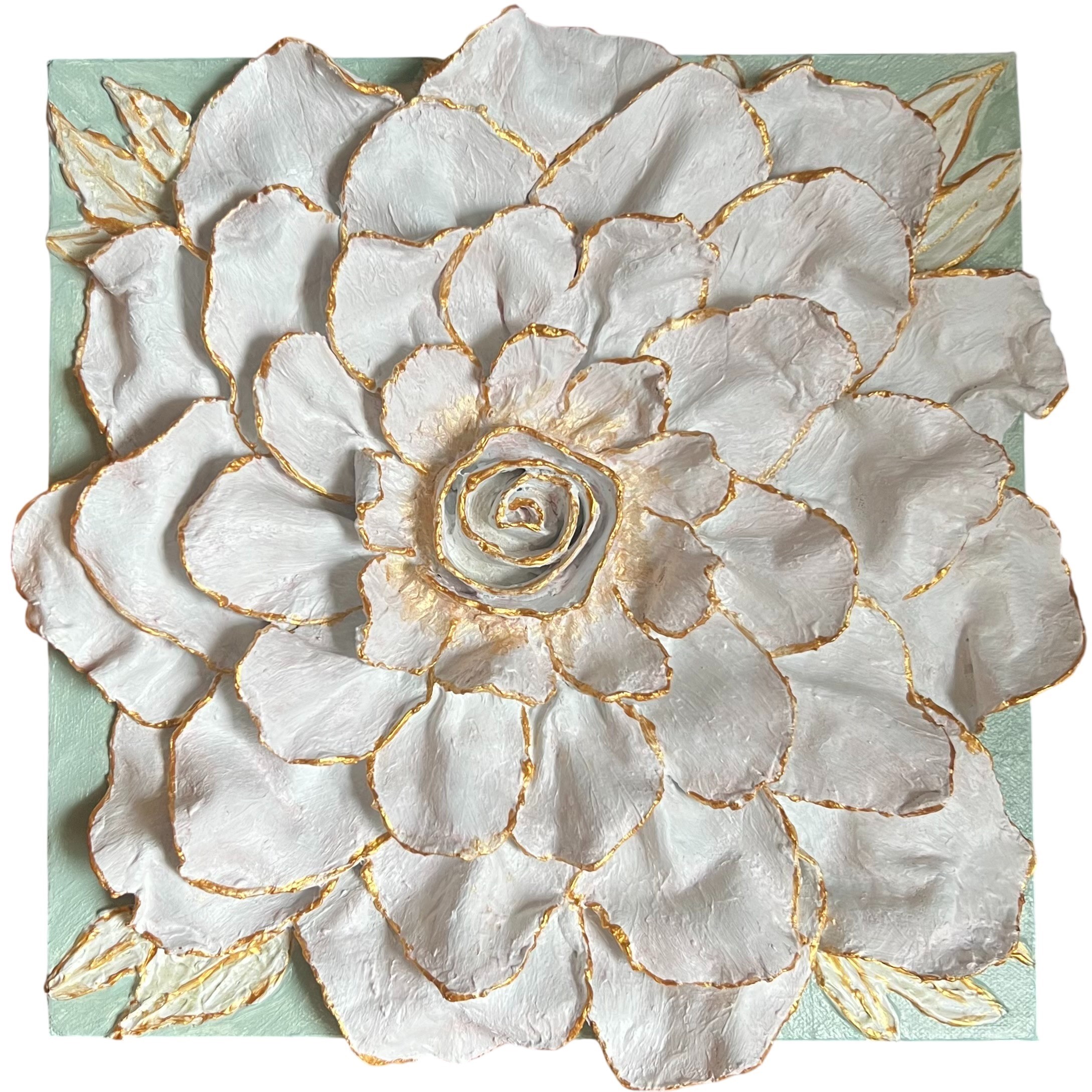 White and gold textured clay flower sculpture