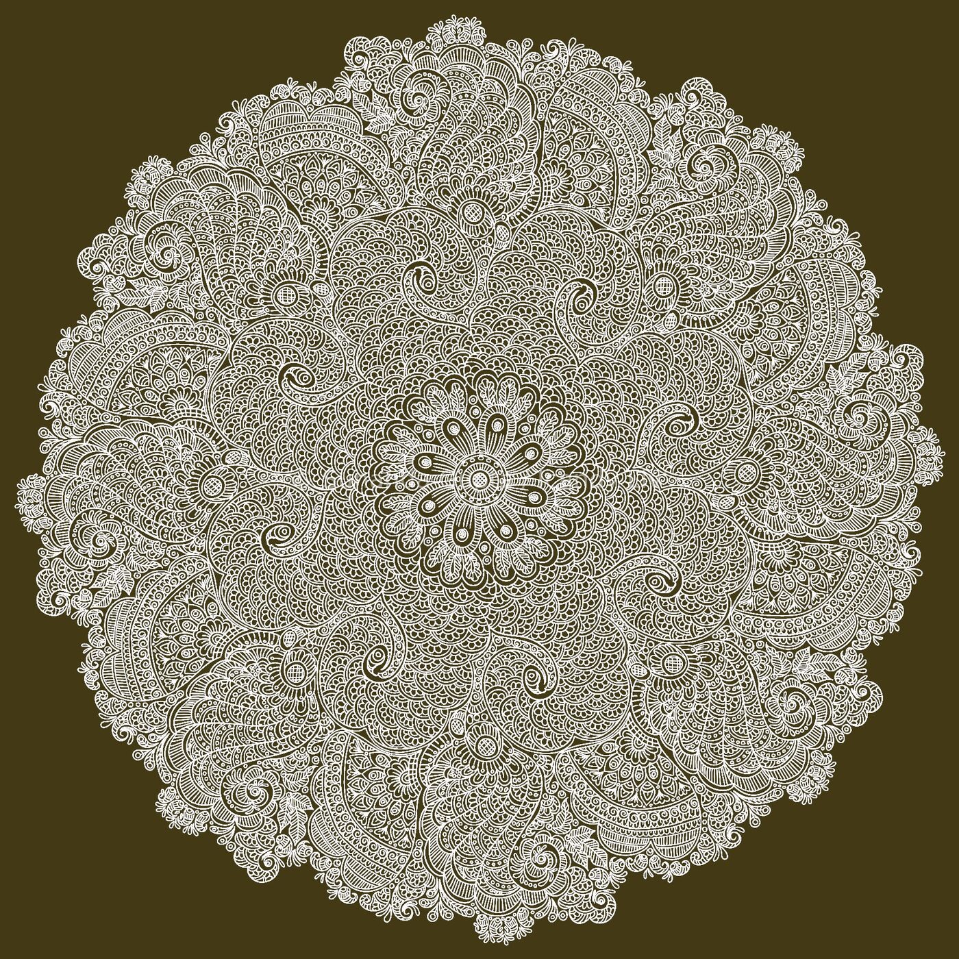 White lace mandala on olive green background
