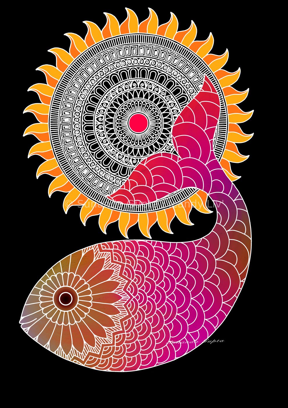 Sun and fish spiral mandala