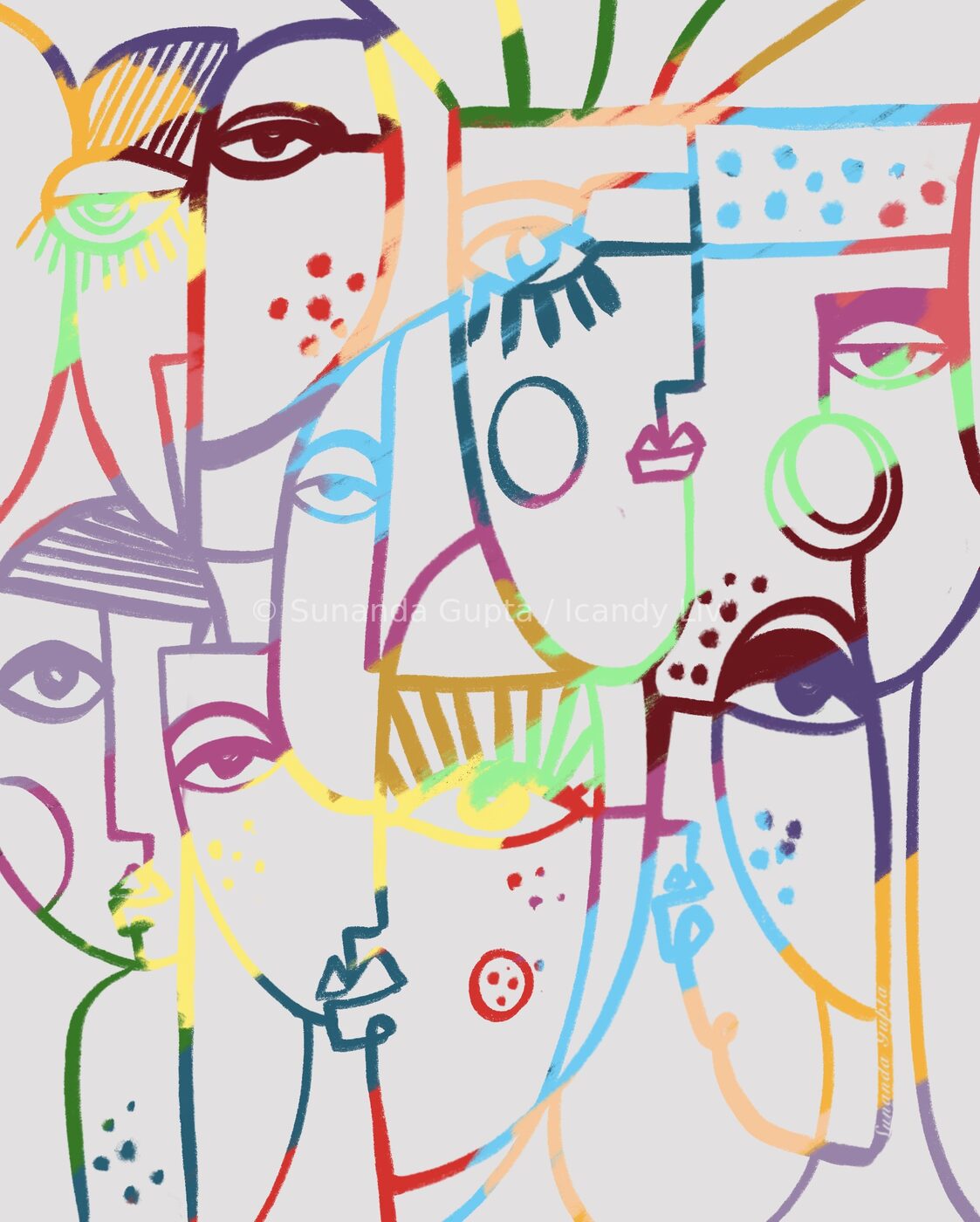 Abstract colourful faces line art