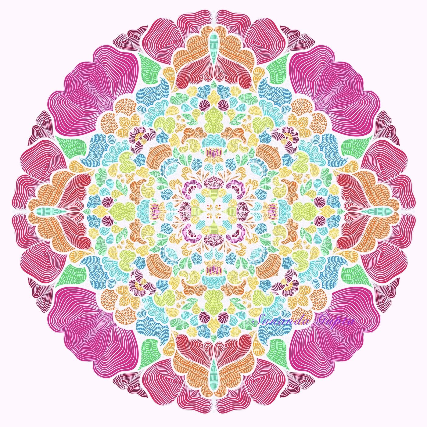 Pink and rainbow coloured wavy petal mandala