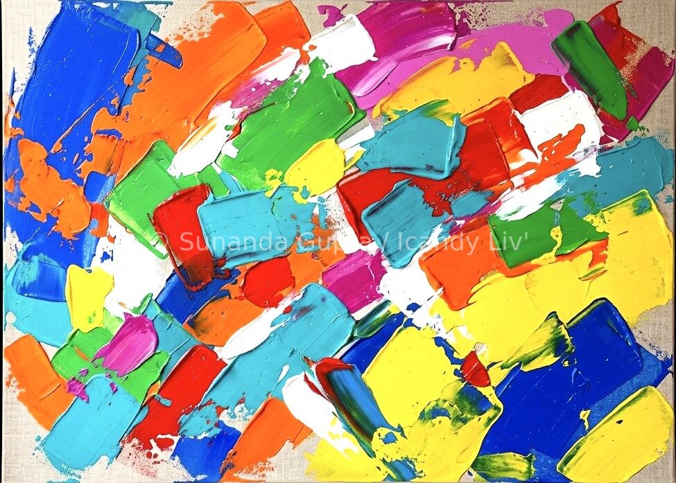 Abstract acrylic painting with loose colourful brushstrokes